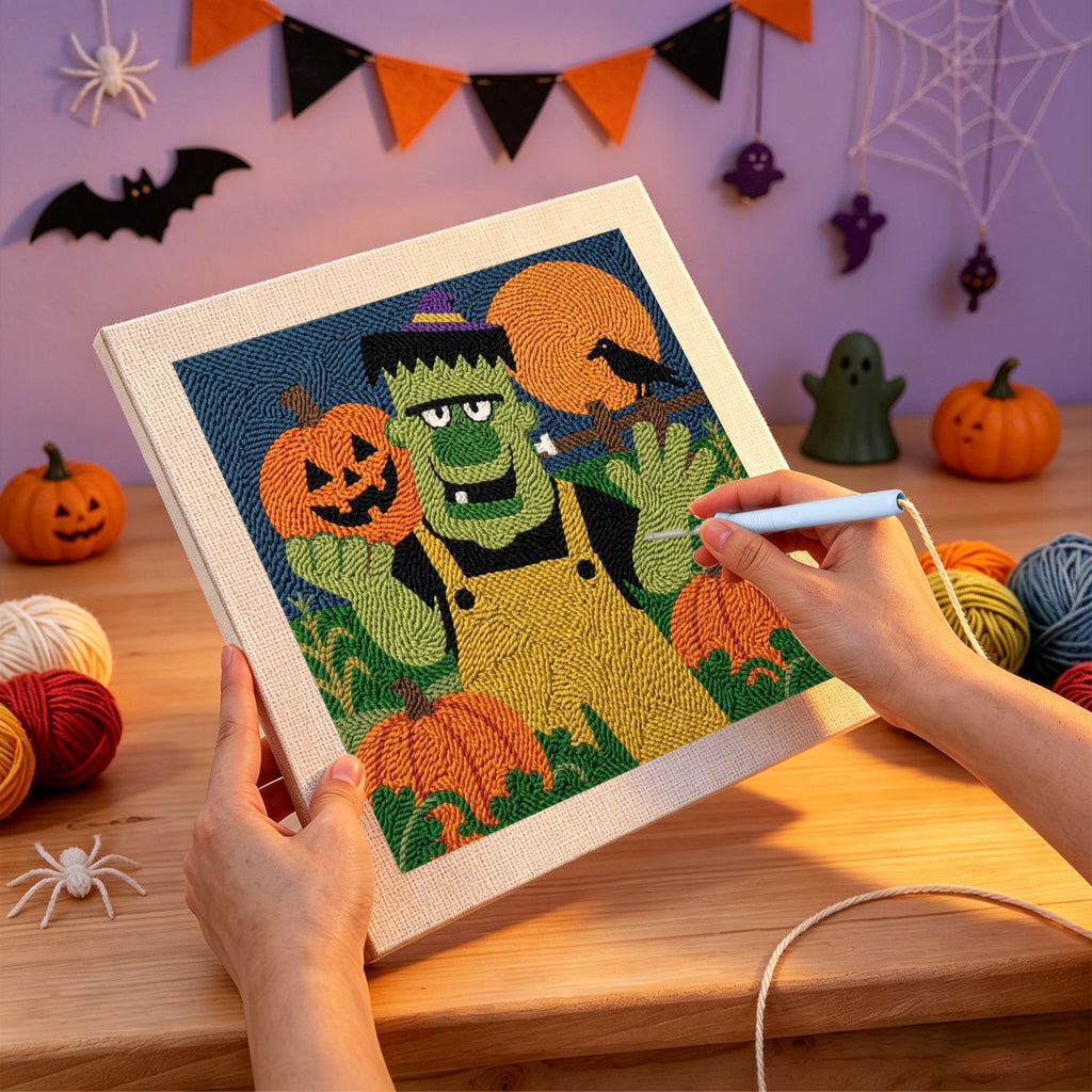 Punching the Monster Pumpkin Farmer design with the punch needle