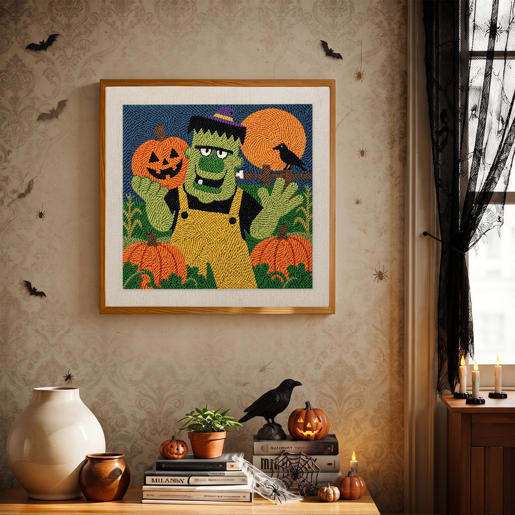 Finished Monster Pumpkin Farmer punch needle canvas on a wall