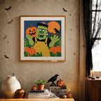 Finished Monster Pumpkin Farmer punch needle canvas on a wall