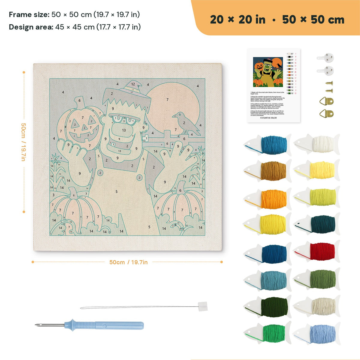 Monster Pumpkin Farmer punch needle kit, 20 × 20 in (50 × 50 cm): canvas size and kit contents