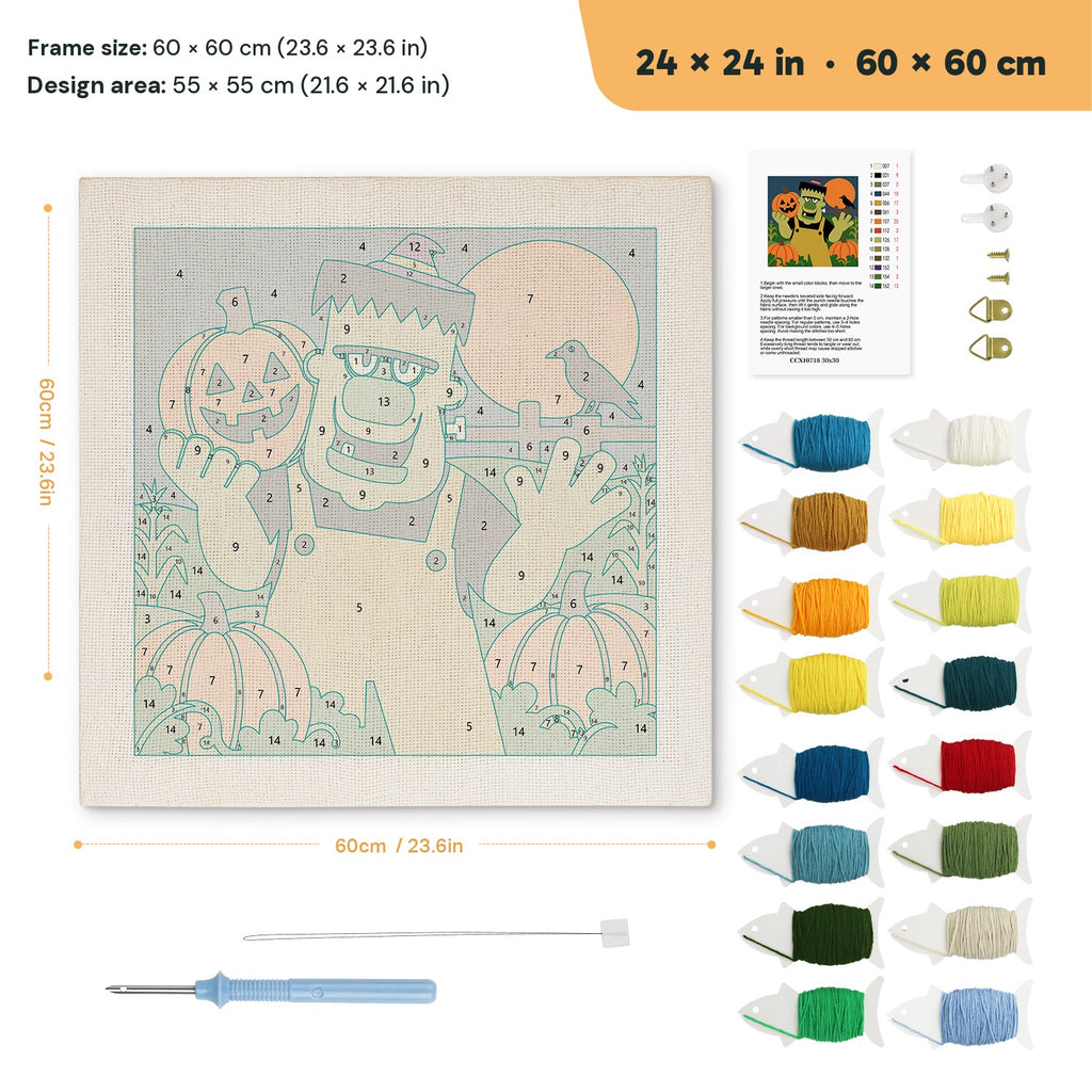Monster Pumpkin Farmer punch needle kit, 24 × 24 in (60 × 60 cm): canvas size and kit contents