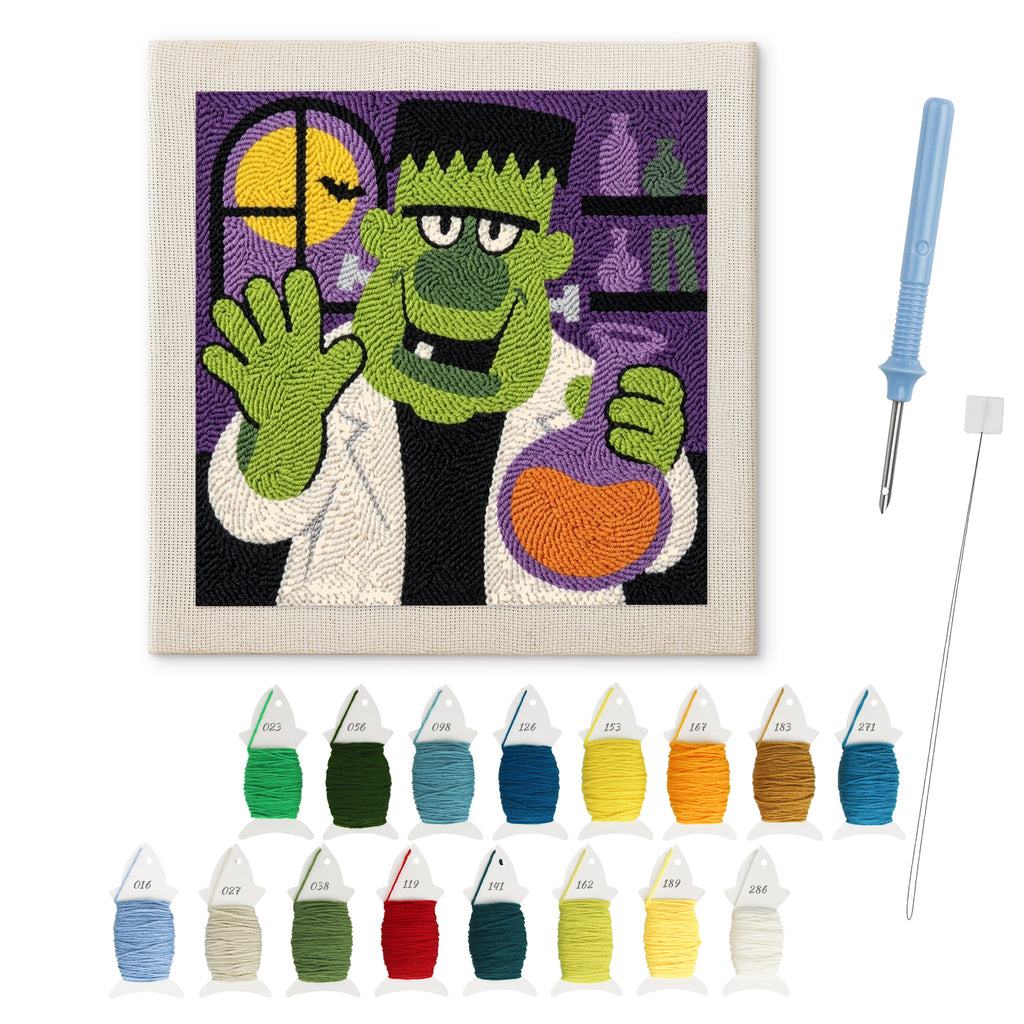 Monster Scientist punch needle kit: finished canvas with threads, punch needle and threader
