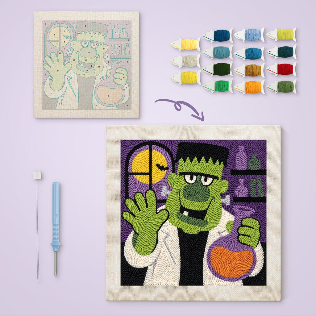 Monster Scientist canvas before and after punching, with the threads and tools