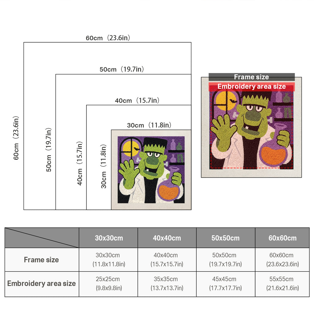 Size chart for square punch needle kits from 30 x 30 cm to 60 x 60 cm