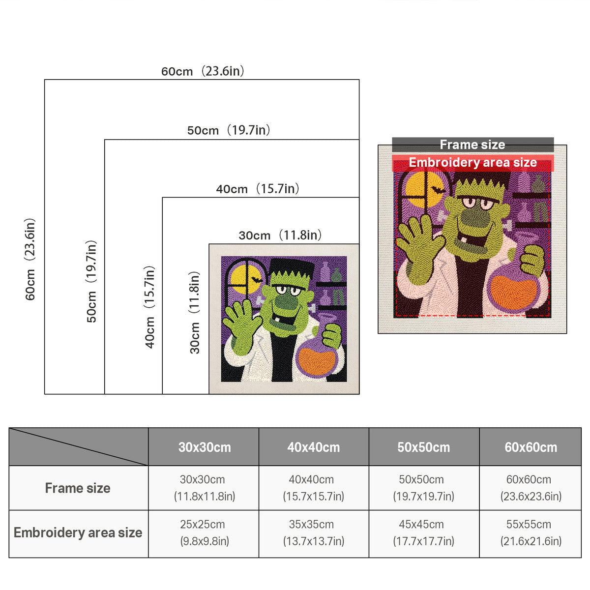 Size chart for square punch needle kits from 30 x 30 cm to 60 x 60 cm