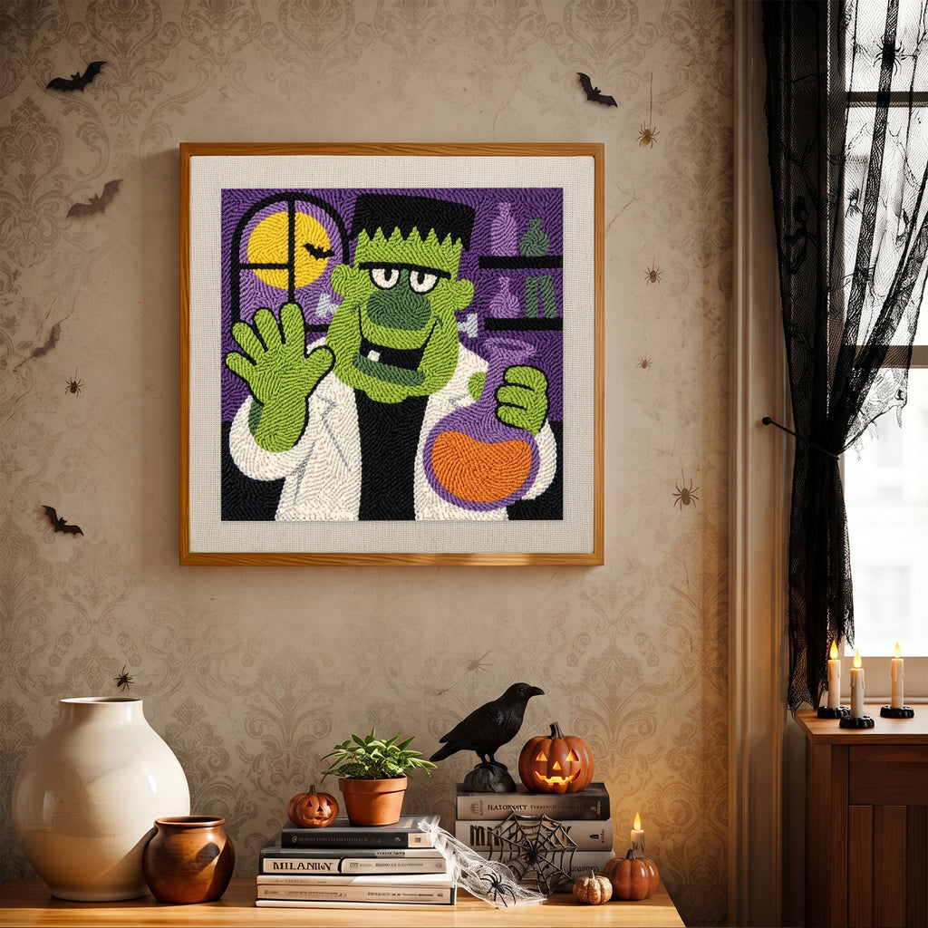 Finished Monster Scientist punch needle canvas on a wall