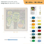 Monster Scientist punch needle kit, 20 × 20 in (50 × 50 cm): canvas size and kit contents