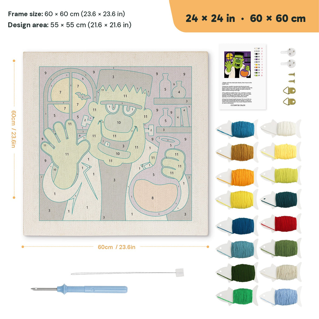 Monster Scientist punch needle kit, 24 × 24 in (60 × 60 cm): canvas size and kit contents