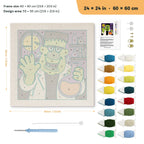 Monster Scientist punch needle kit, 24 × 24 in (60 × 60 cm): canvas size and kit contents