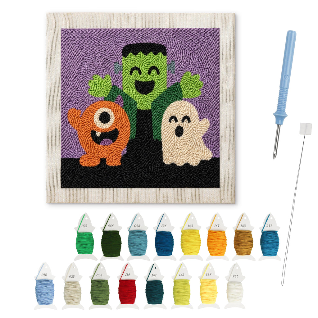 Monster Trio punch needle kit: finished canvas with threads, punch needle and threader