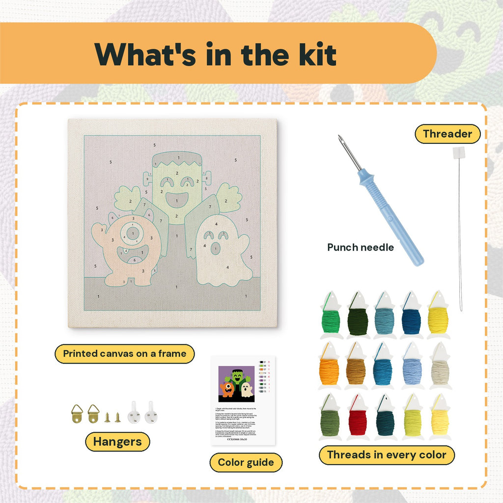 What is in the Monster Trio kit: printed canvas, punch needle, threader, threads, color guide and hangers