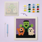 Monster Trio canvas before and after punching, with the threads and tools