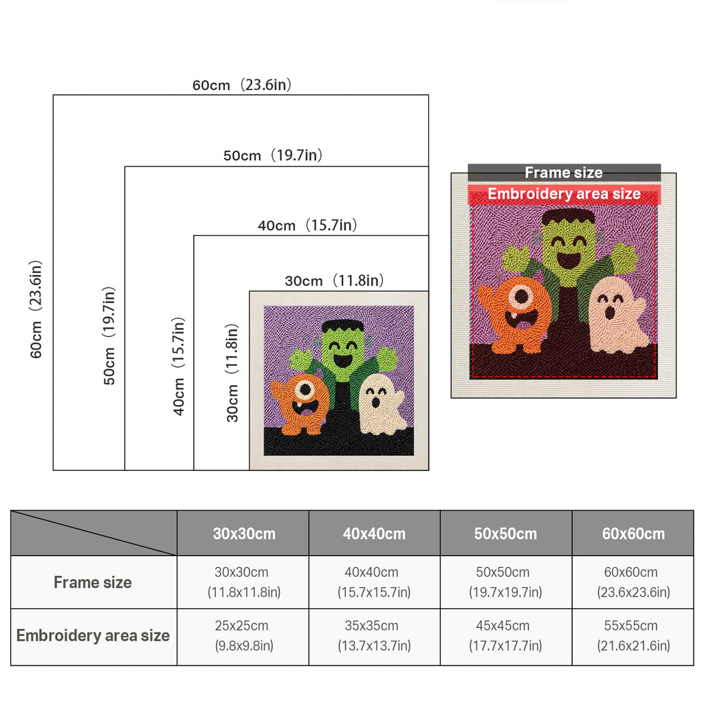Size chart for square punch needle kits from 30 x 30 cm to 60 x 60 cm