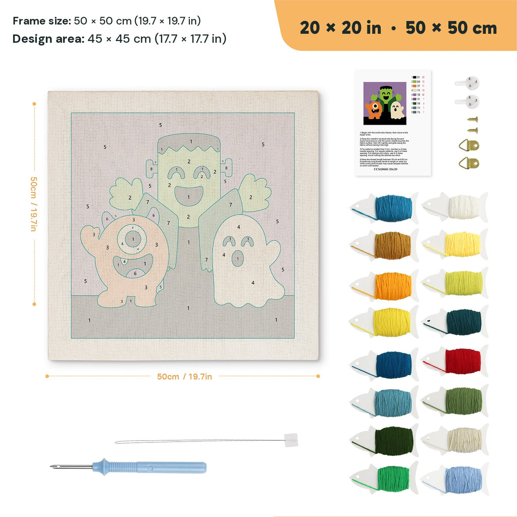 Monster Trio punch needle kit, 20 × 20 in (50 × 50 cm): canvas size and kit contents