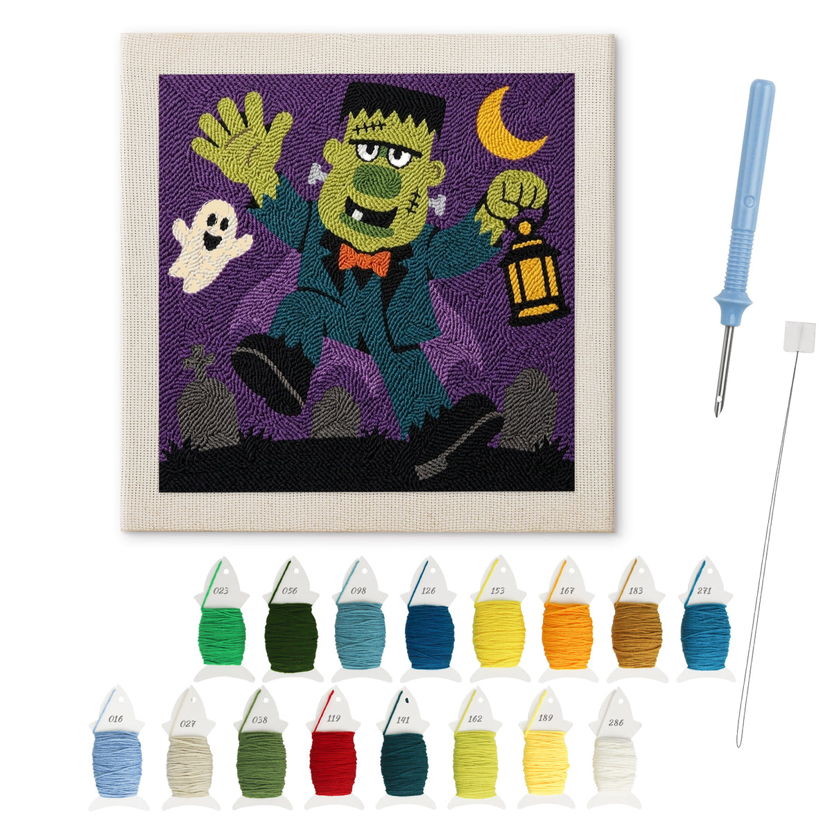 Monster with Lantern punch needle kit: finished canvas with threads, punch needle and threader