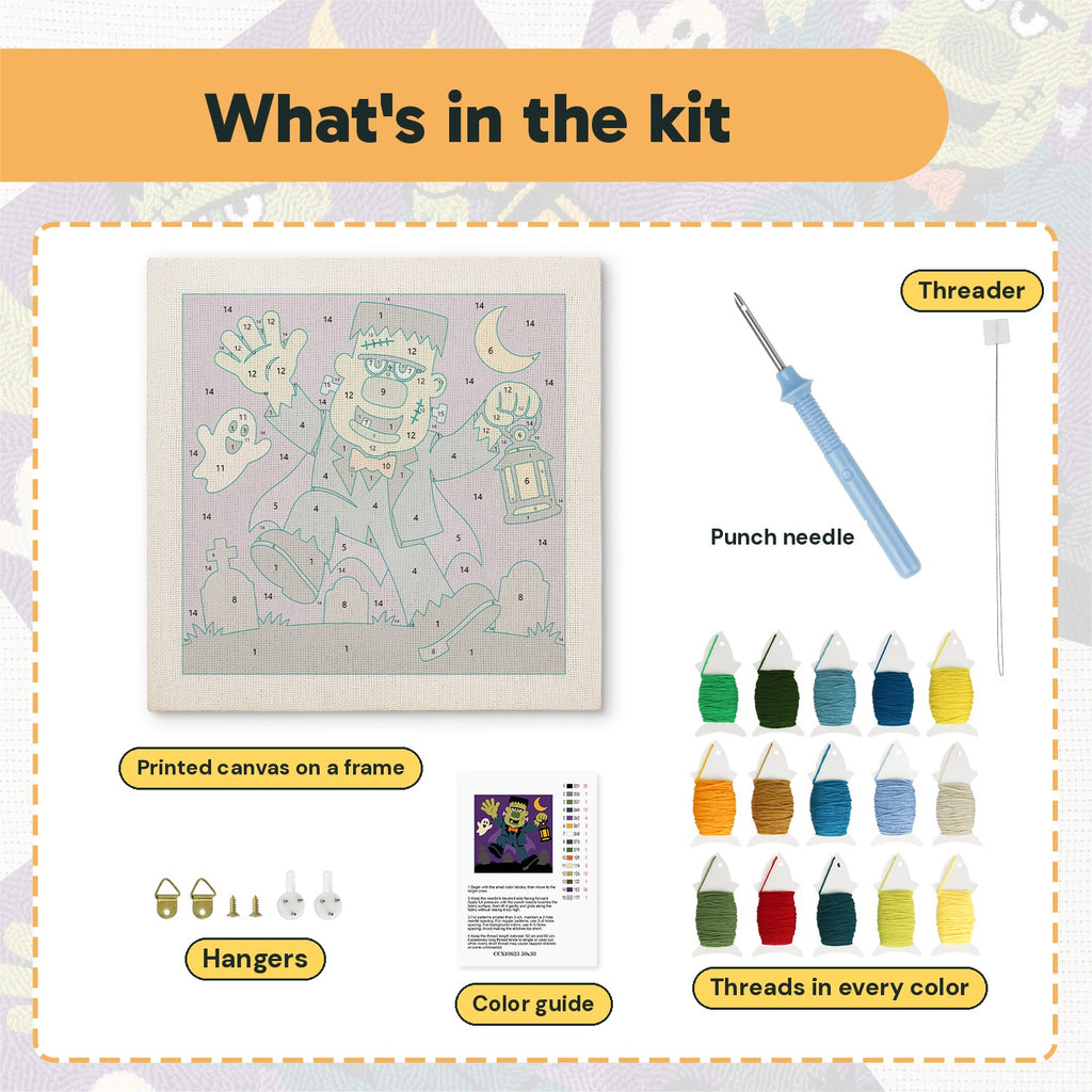 What is in the Monster with Lantern kit: printed canvas, punch needle, threader, threads, color guide and hangers