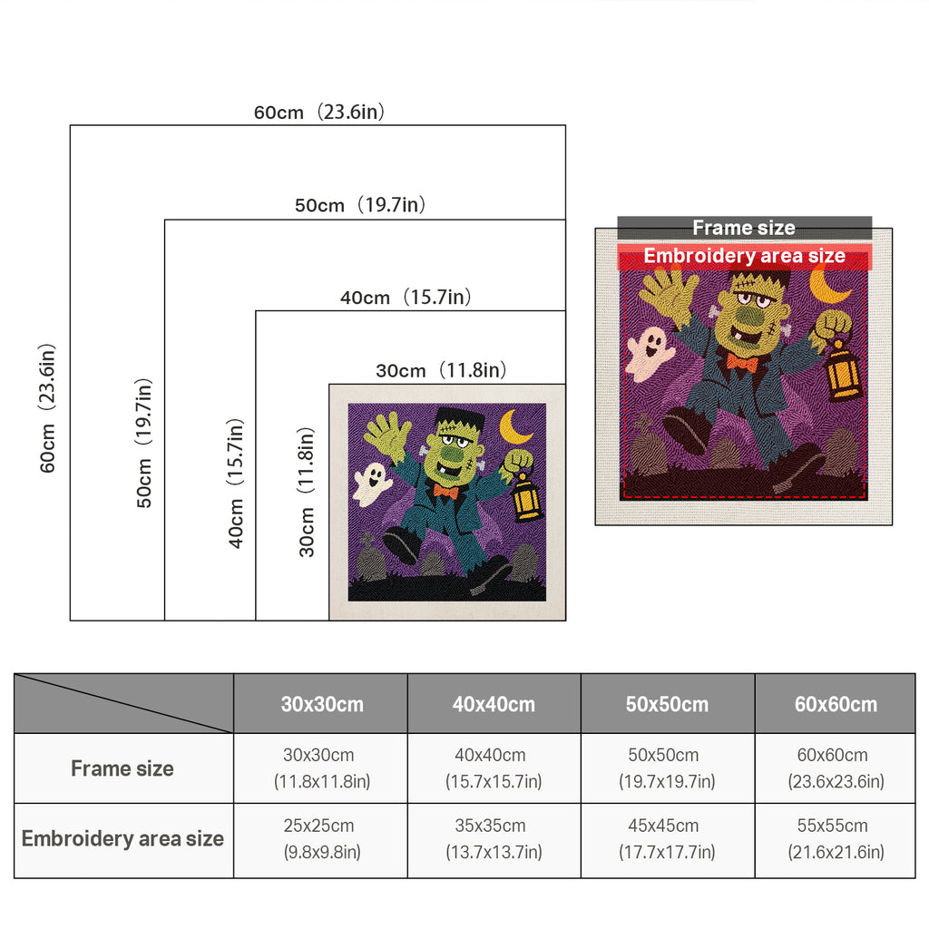 Size chart for square punch needle kits from 30 x 30 cm to 60 x 60 cm