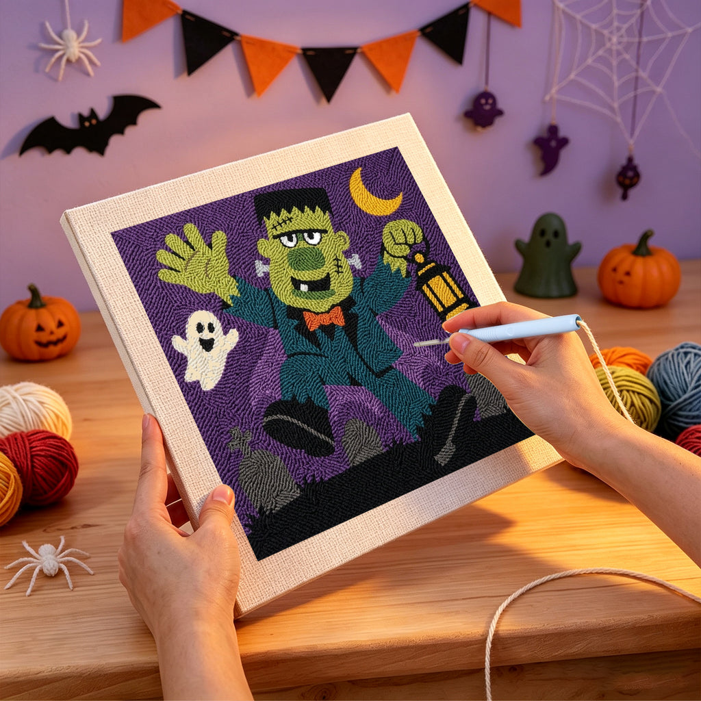 Punching the Monster with Lantern design with the punch needle