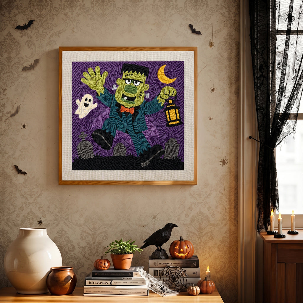 Finished Monster with Lantern punch needle canvas on a wall