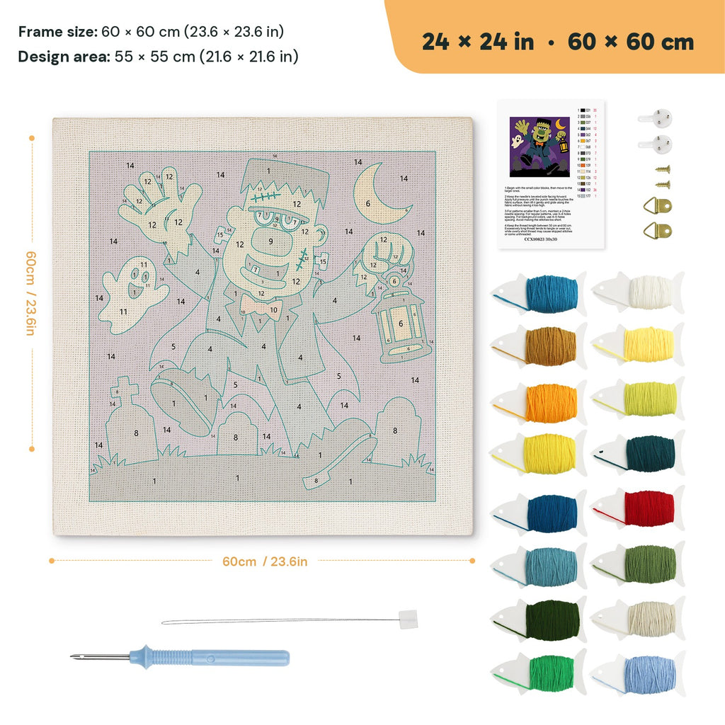 Monster with Lantern punch needle kit, 24 × 24 in (60 × 60 cm): canvas size and kit contents