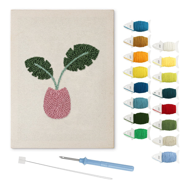 Monstera Bud Vase punch needle kit: finished canvas with threads, punch needle and threader