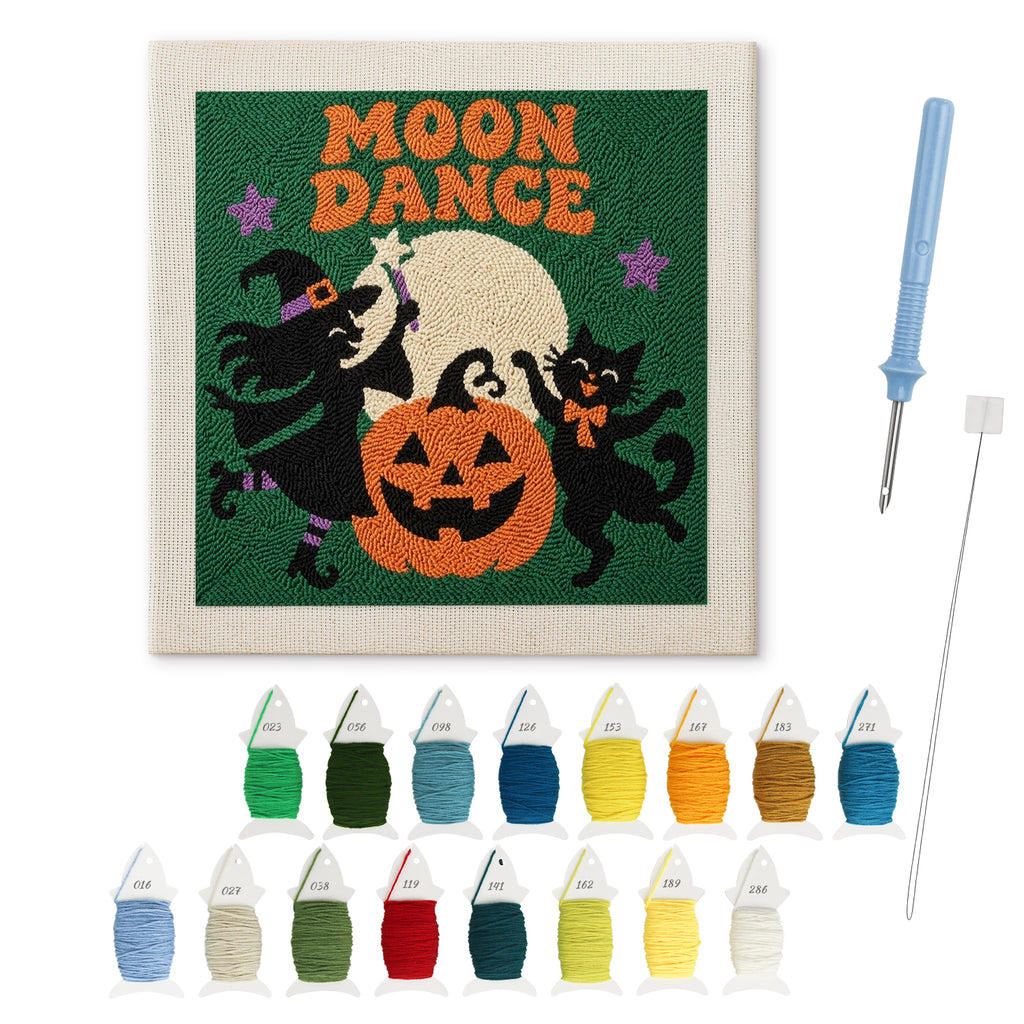 Moon Dance punch needle kit: finished canvas with threads, punch needle and threader
