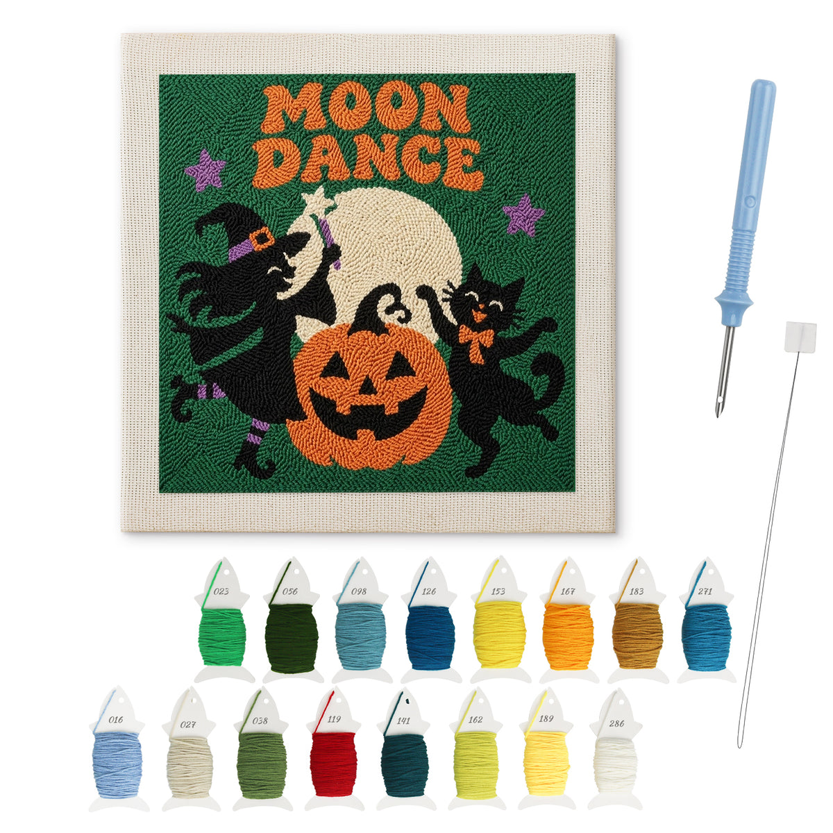 Moon Dance punch needle kit: finished canvas with threads, punch needle and threader