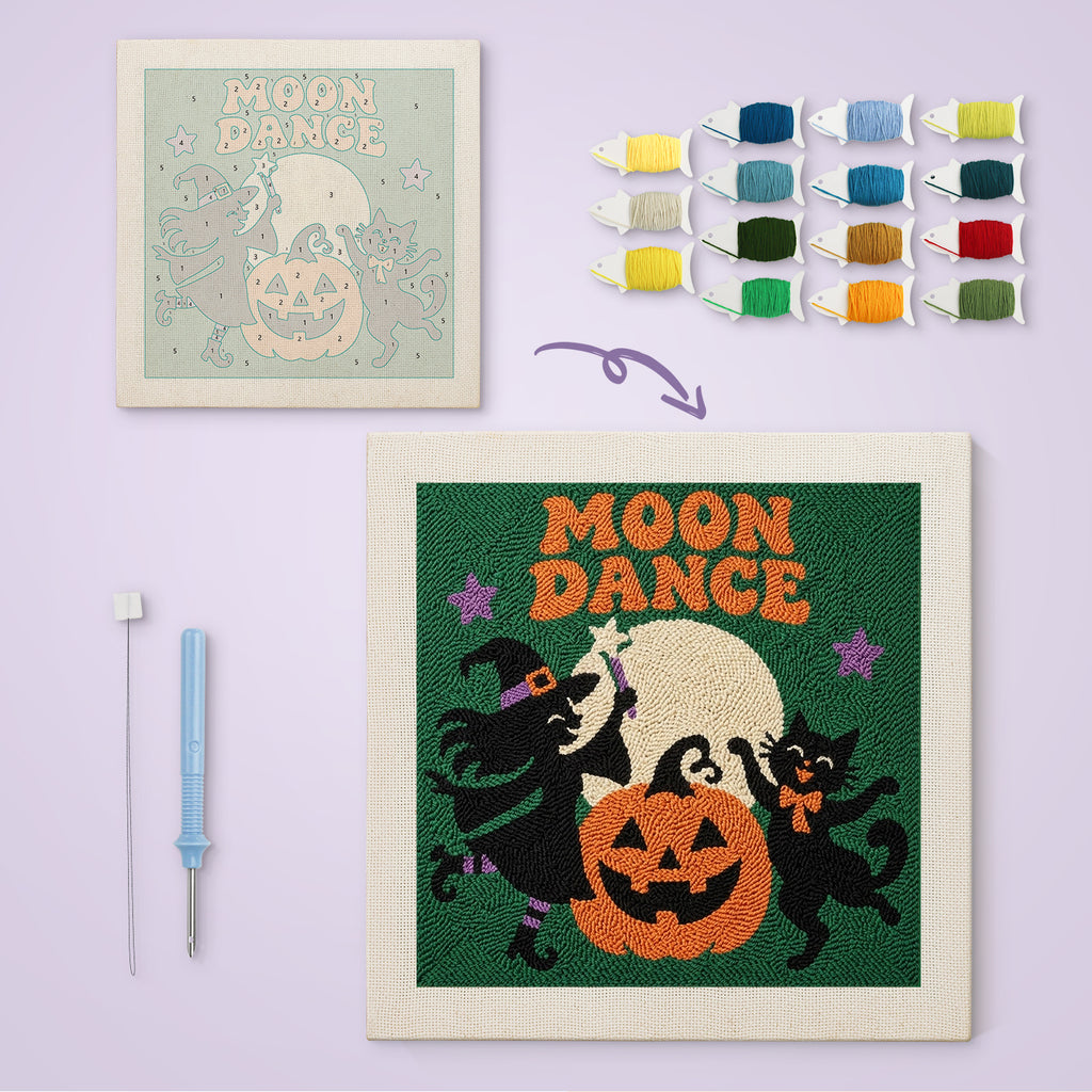 Moon Dance canvas before and after punching, with the threads and tools