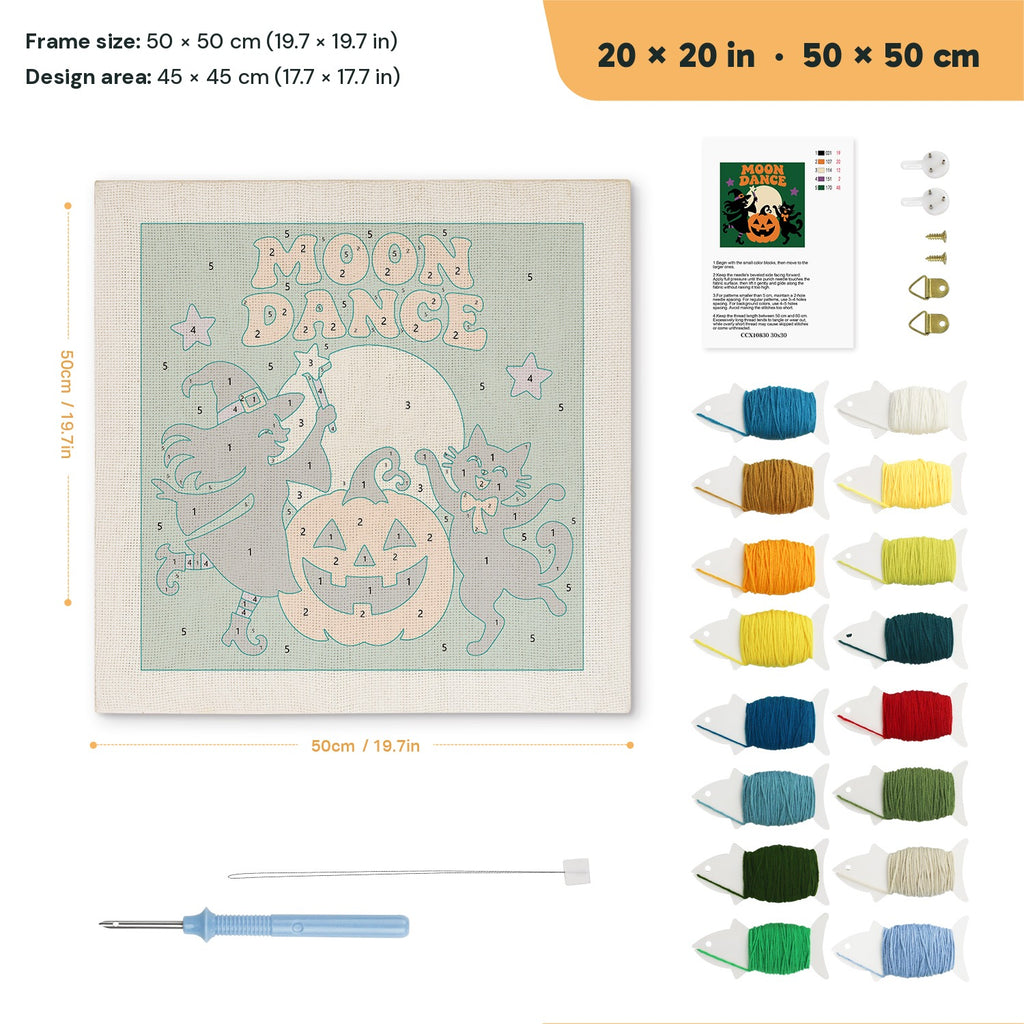 Moon Dance punch needle kit, 20 × 20 in (50 × 50 cm): canvas size and kit contents