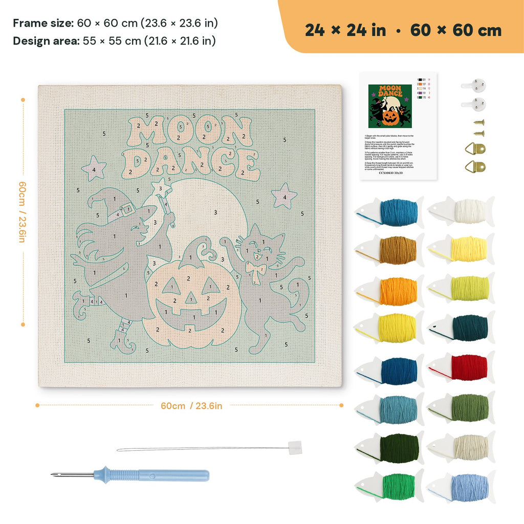 Moon Dance punch needle kit, 24 × 24 in (60 × 60 cm): canvas size and kit contents