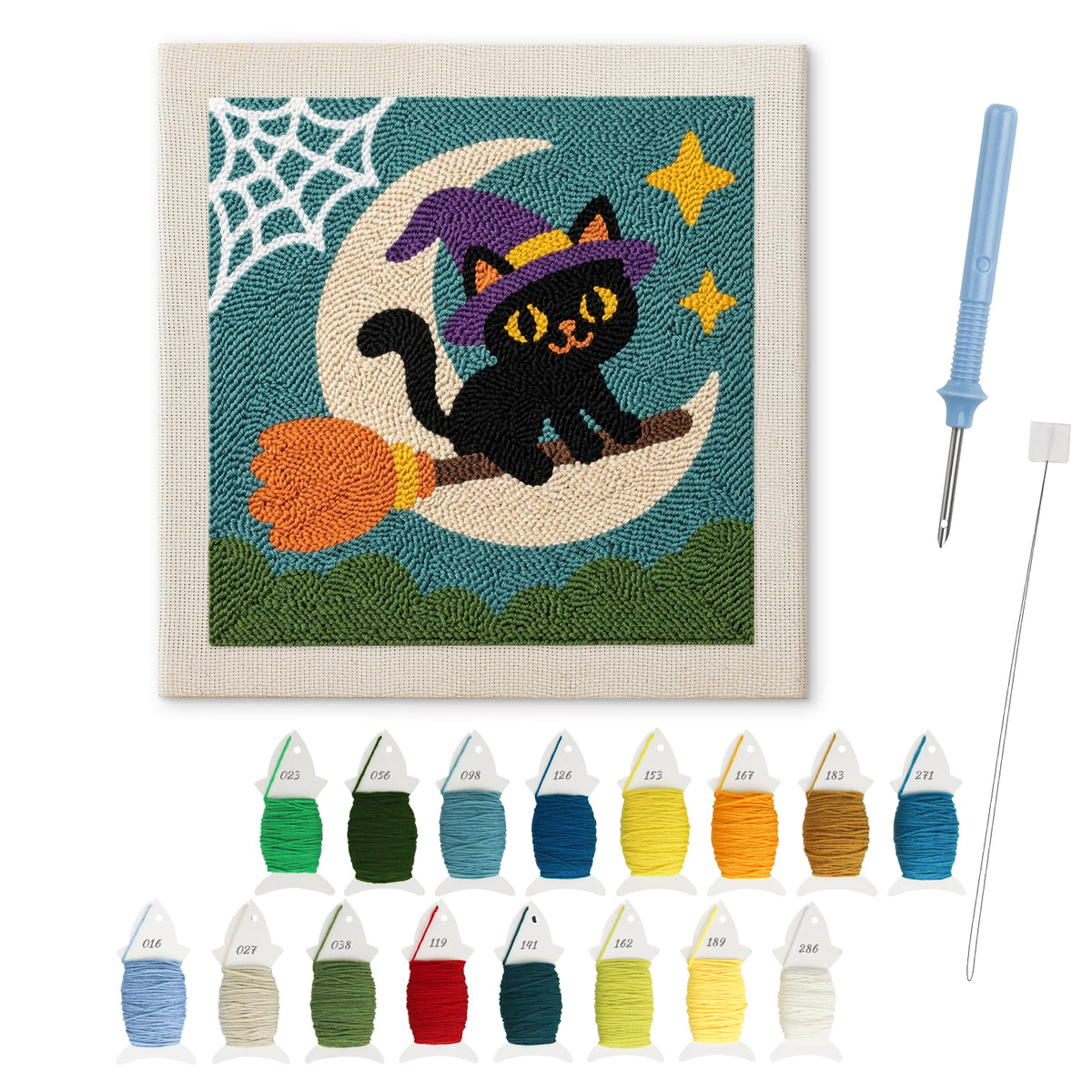Moon Swing Cat punch needle kit: finished canvas with threads, punch needle and threader