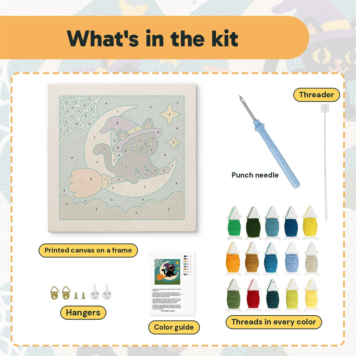 What is in the Moon Swing Cat kit: printed canvas, punch needle, threader, threads, color guide and hangers