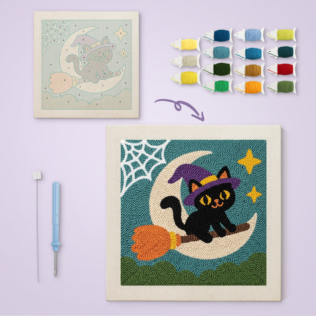 Moon Swing Cat canvas before and after punching, with the threads and tools