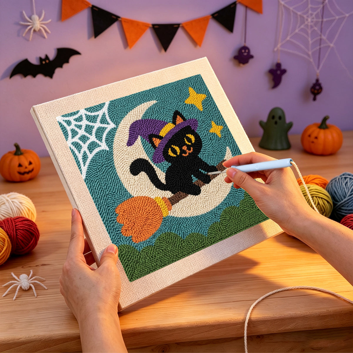 Punching the Moon Swing Cat design with the punch needle