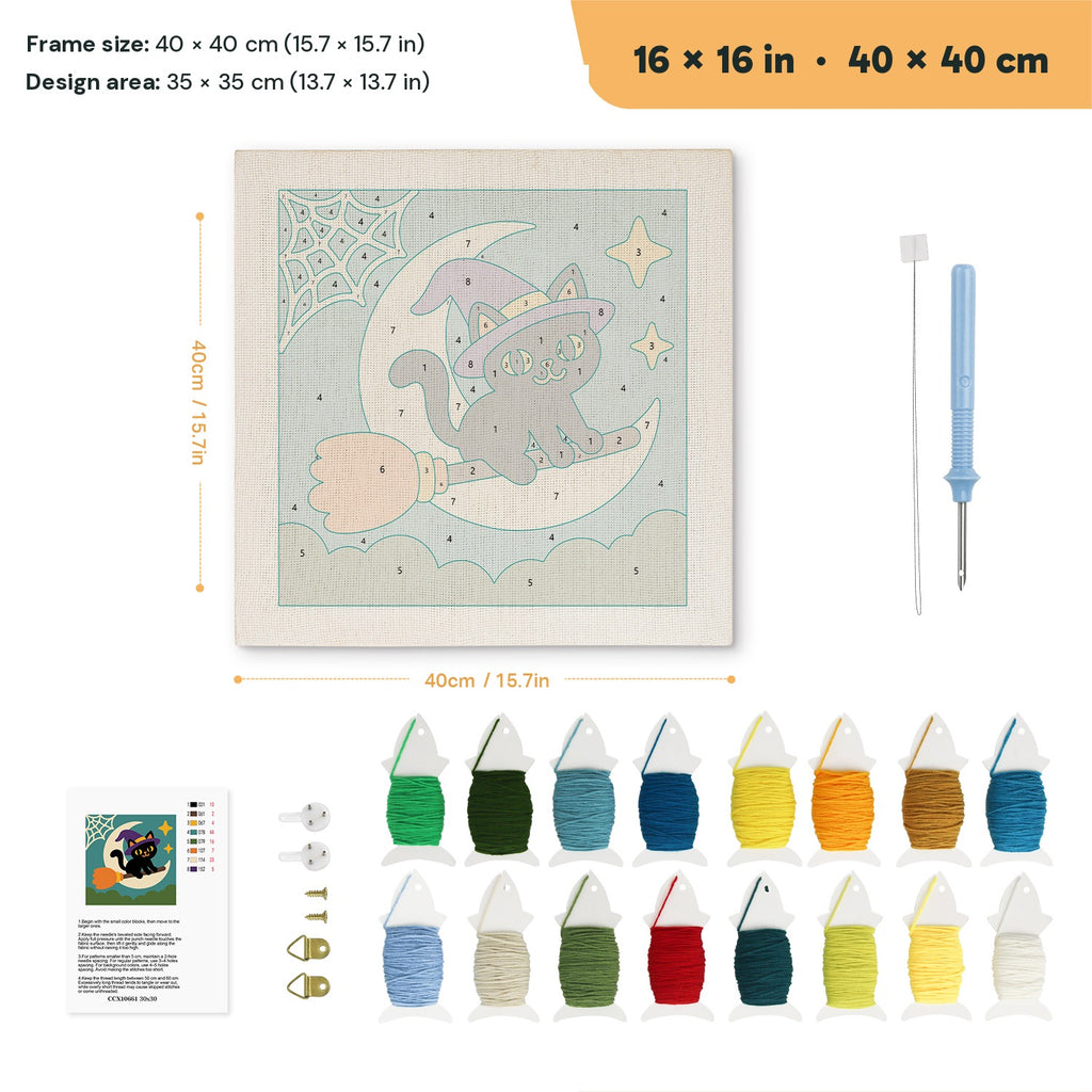 Moon Swing Cat punch needle kit, 16 × 16 in (40 × 40 cm): canvas size and kit contents