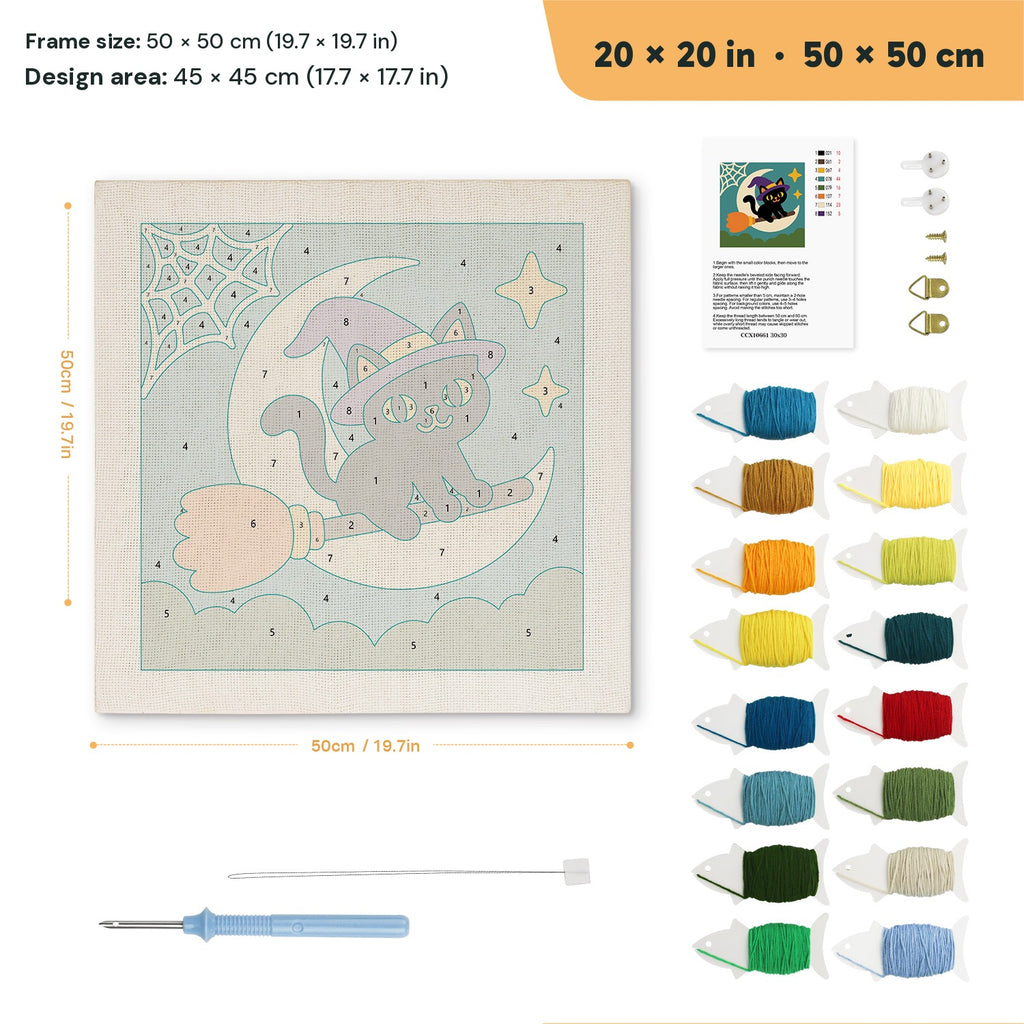 Moon Swing Cat punch needle kit, 20 × 20 in (50 × 50 cm): canvas size and kit contents