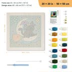 Moon Swing Cat punch needle kit, 20 × 20 in (50 × 50 cm): canvas size and kit contents