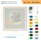 Moon Swing Cat punch needle kit, 24 × 24 in (60 × 60 cm): canvas size and kit contents
