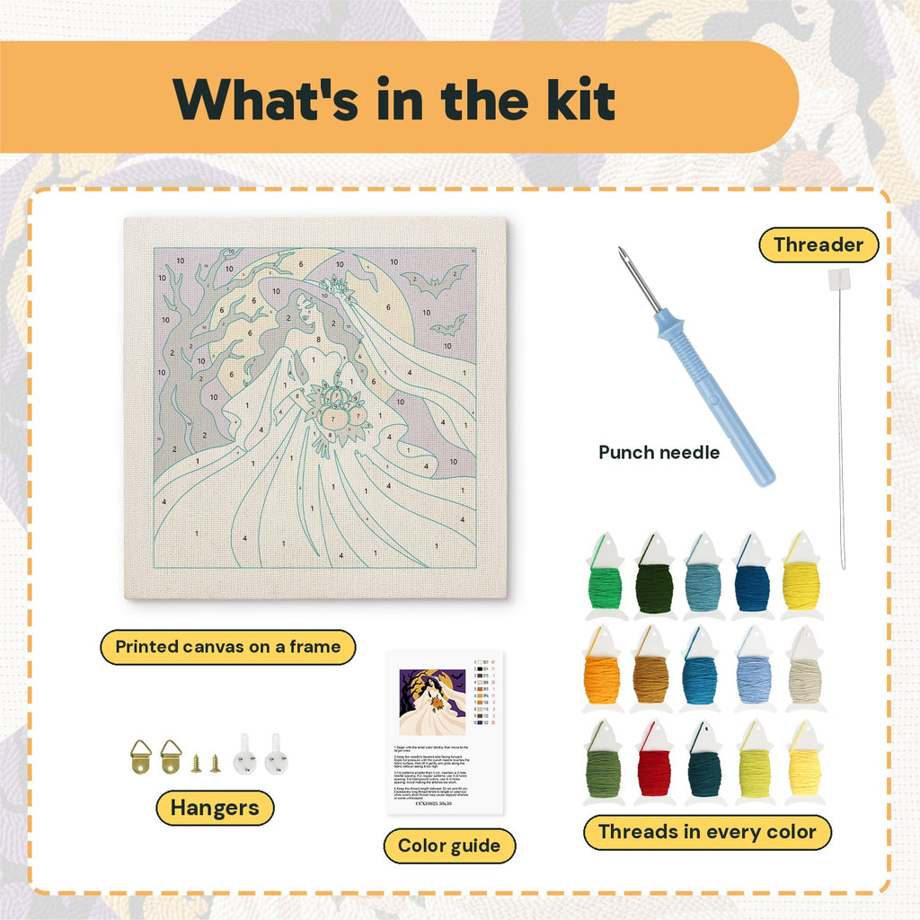 What is in the Moonlight Bride kit: printed canvas, punch needle, threader, threads, color guide and hangers