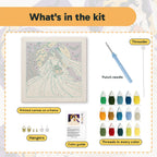 What is in the Moonlight Bride kit: printed canvas, punch needle, threader, threads, color guide and hangers