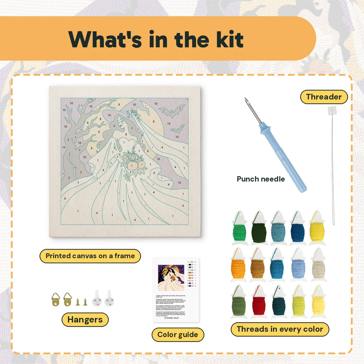 What is in the Moonlight Bride kit: printed canvas, punch needle, threader, threads, color guide and hangers