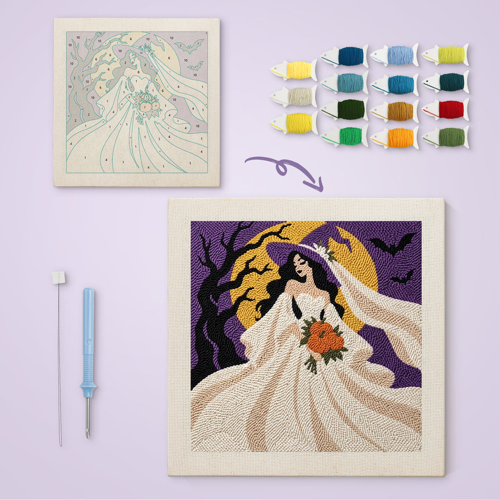 Moonlight Bride canvas before and after punching, with the threads and tools