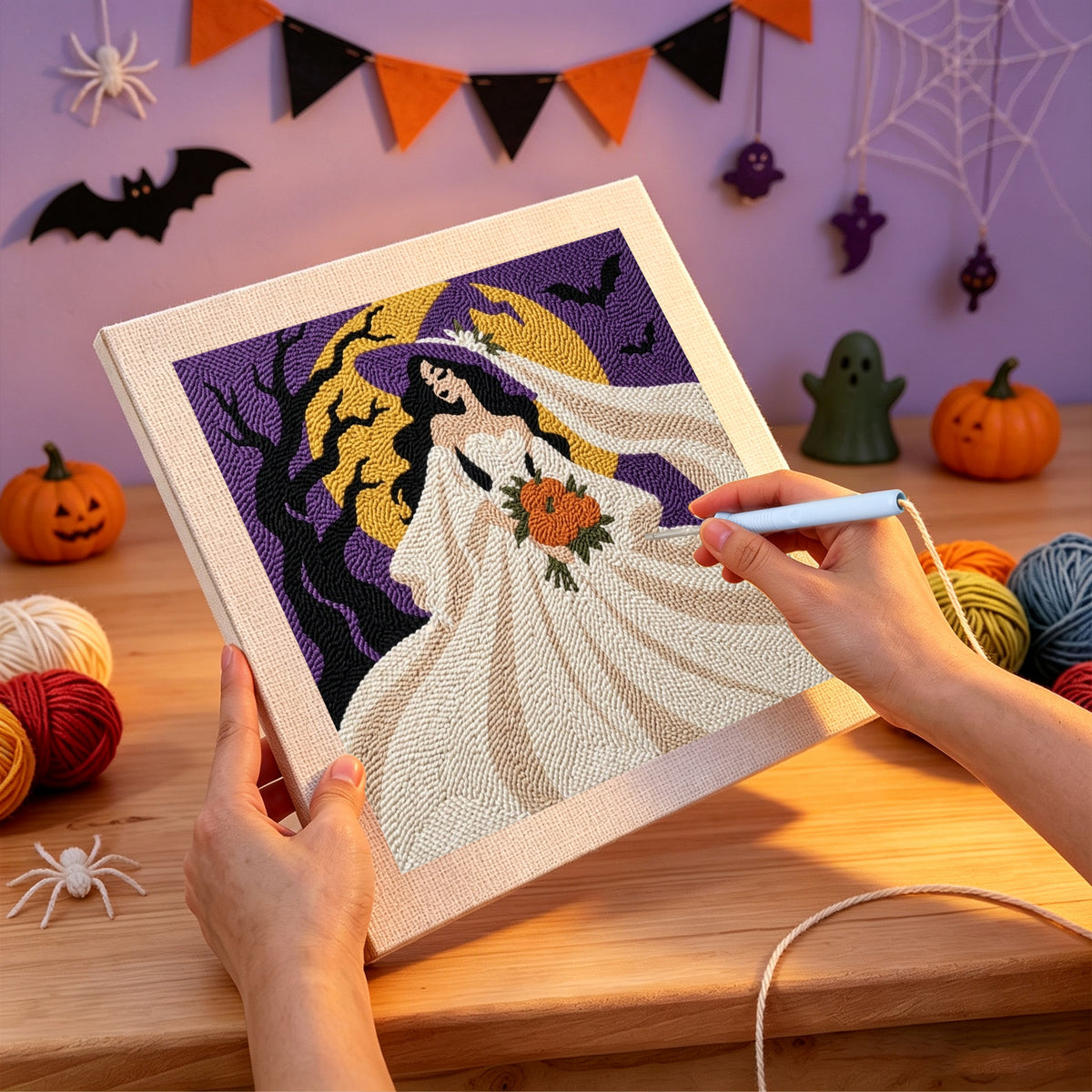 Punching the Moonlight Bride design with the punch needle