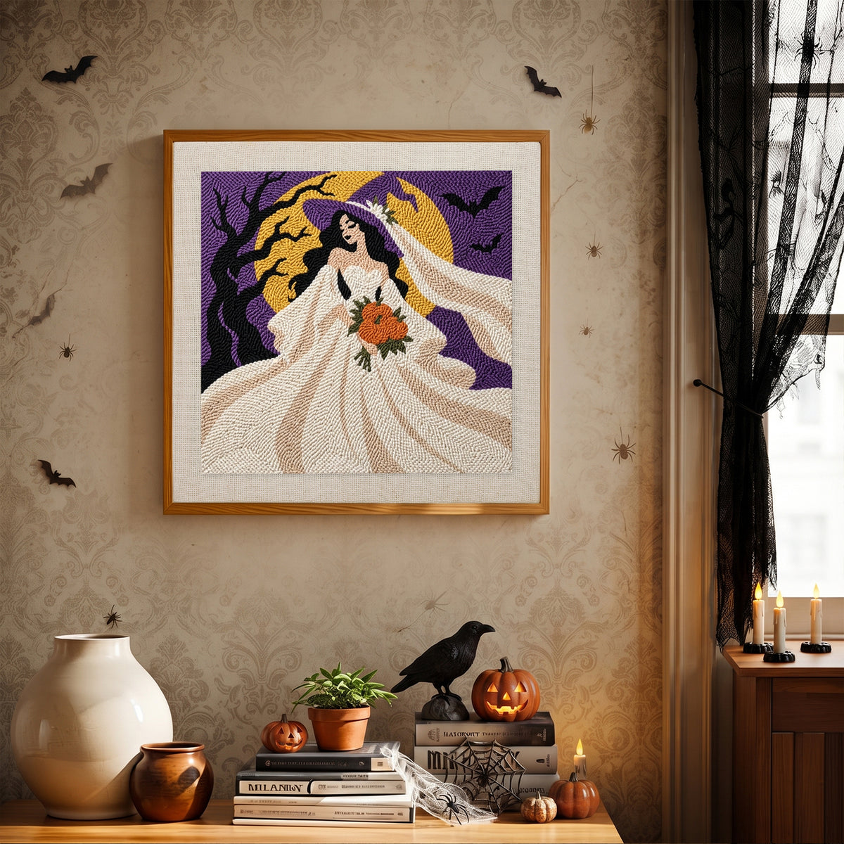 Finished Moonlight Bride punch needle canvas on a wall