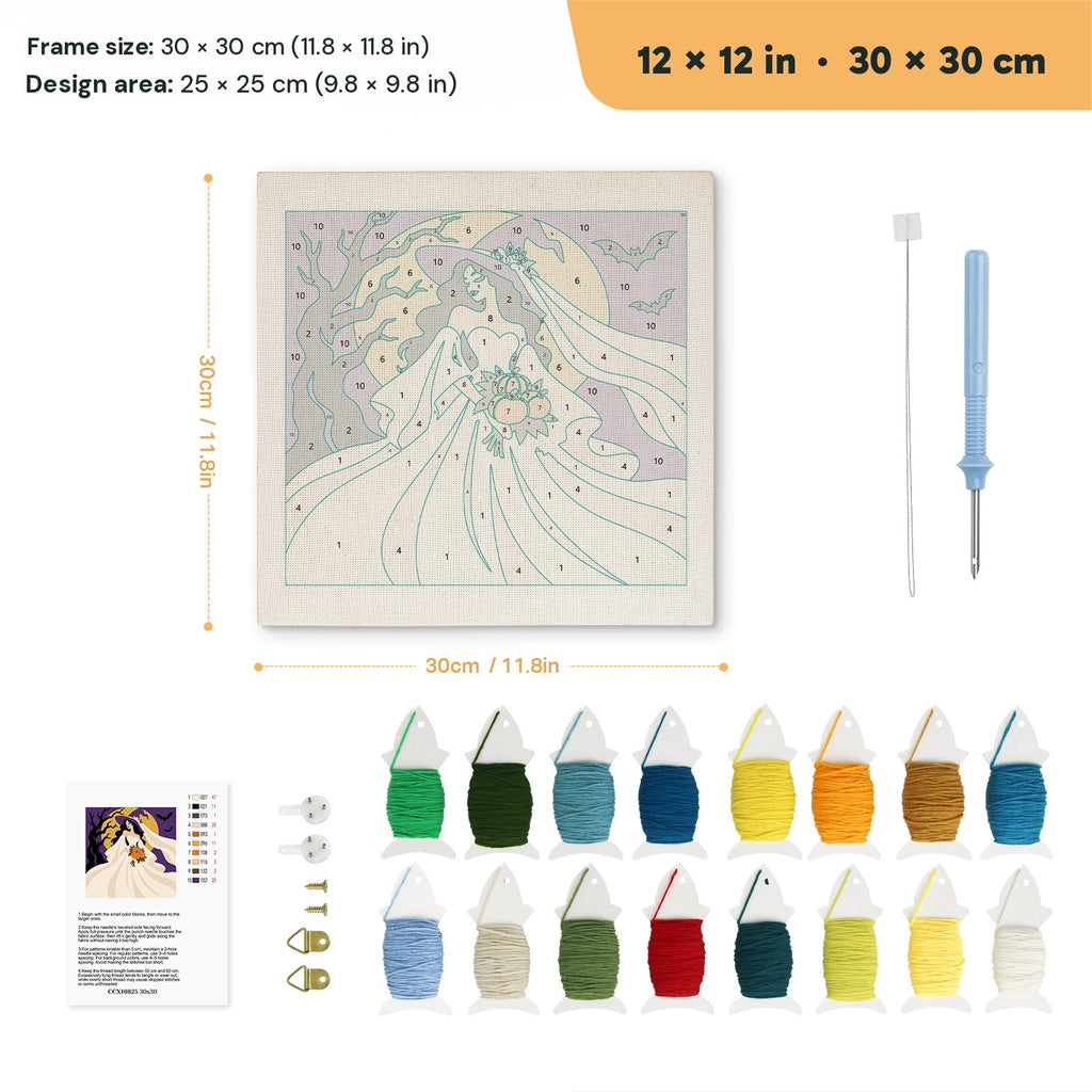 Moonlight Bride punch needle kit, 12 × 12 in (30 × 30 cm): canvas size and kit contents