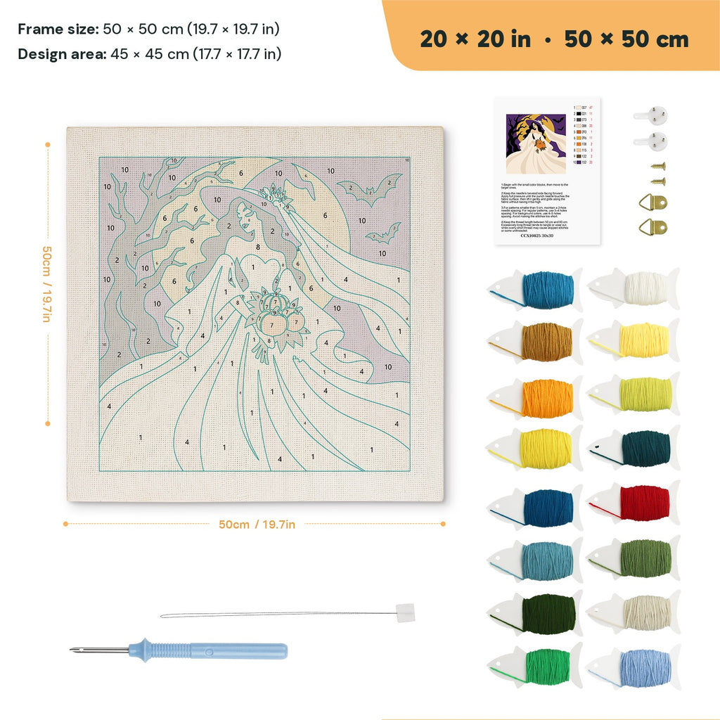 Moonlight Bride punch needle kit, 20 × 20 in (50 × 50 cm): canvas size and kit contents