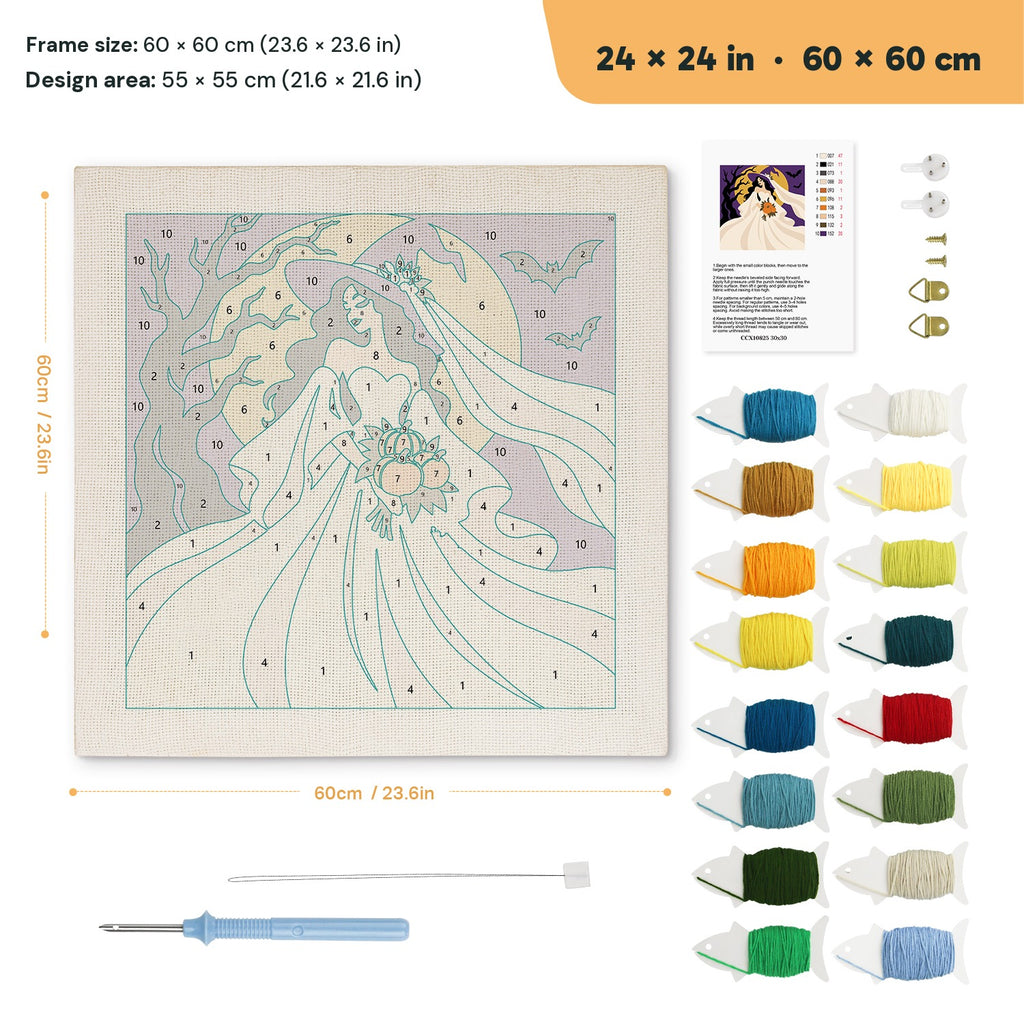 Moonlight Bride punch needle kit, 24 × 24 in (60 × 60 cm): canvas size and kit contents
