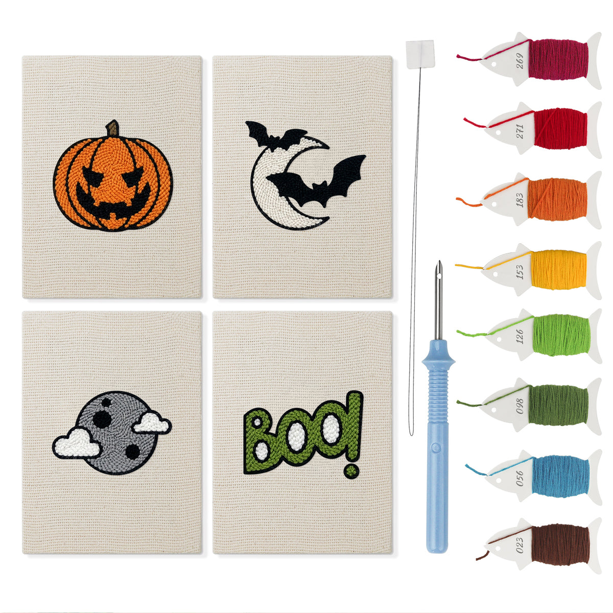 Moonlit Bats mini punch needle kit set: four finished canvases with threads, punch needle and threader