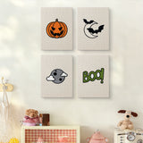 The four Moonlit Bats mini canvases on a wall above a shelf