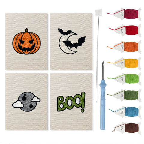 Moonlit Bats mini punch needle kit set: four finished canvases with threads, punch needle and threader